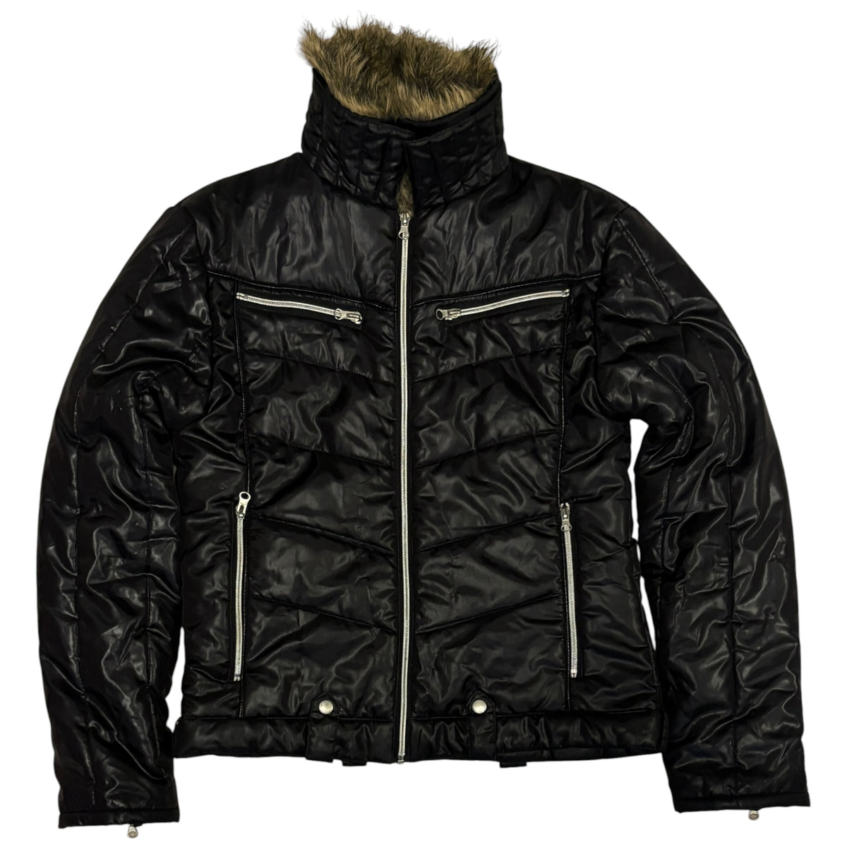 Japanese brand black faux fur 2-way collared puffer jacket