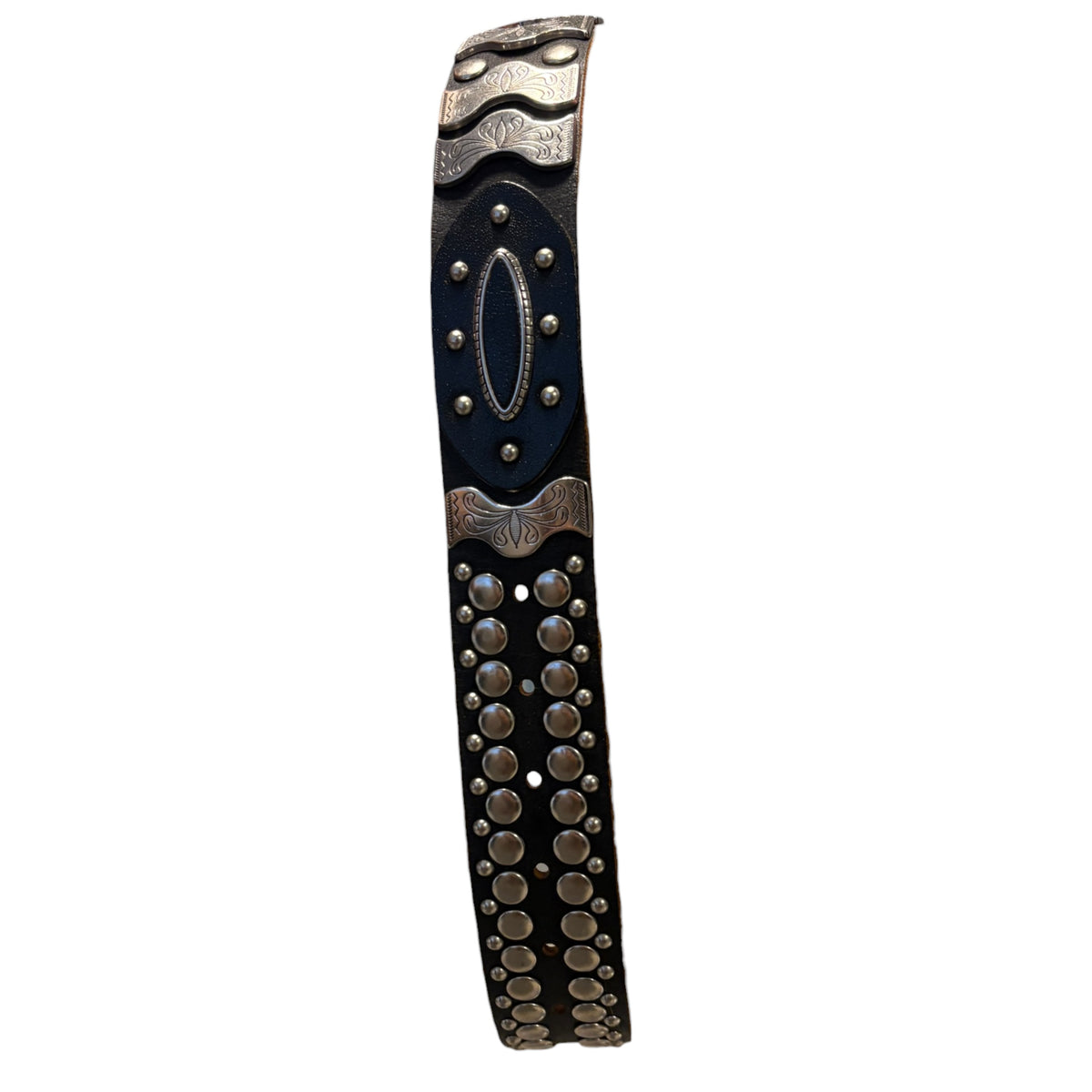 Japanese brand Diavlo studded western cowboy style leather belt w/ metal engravings