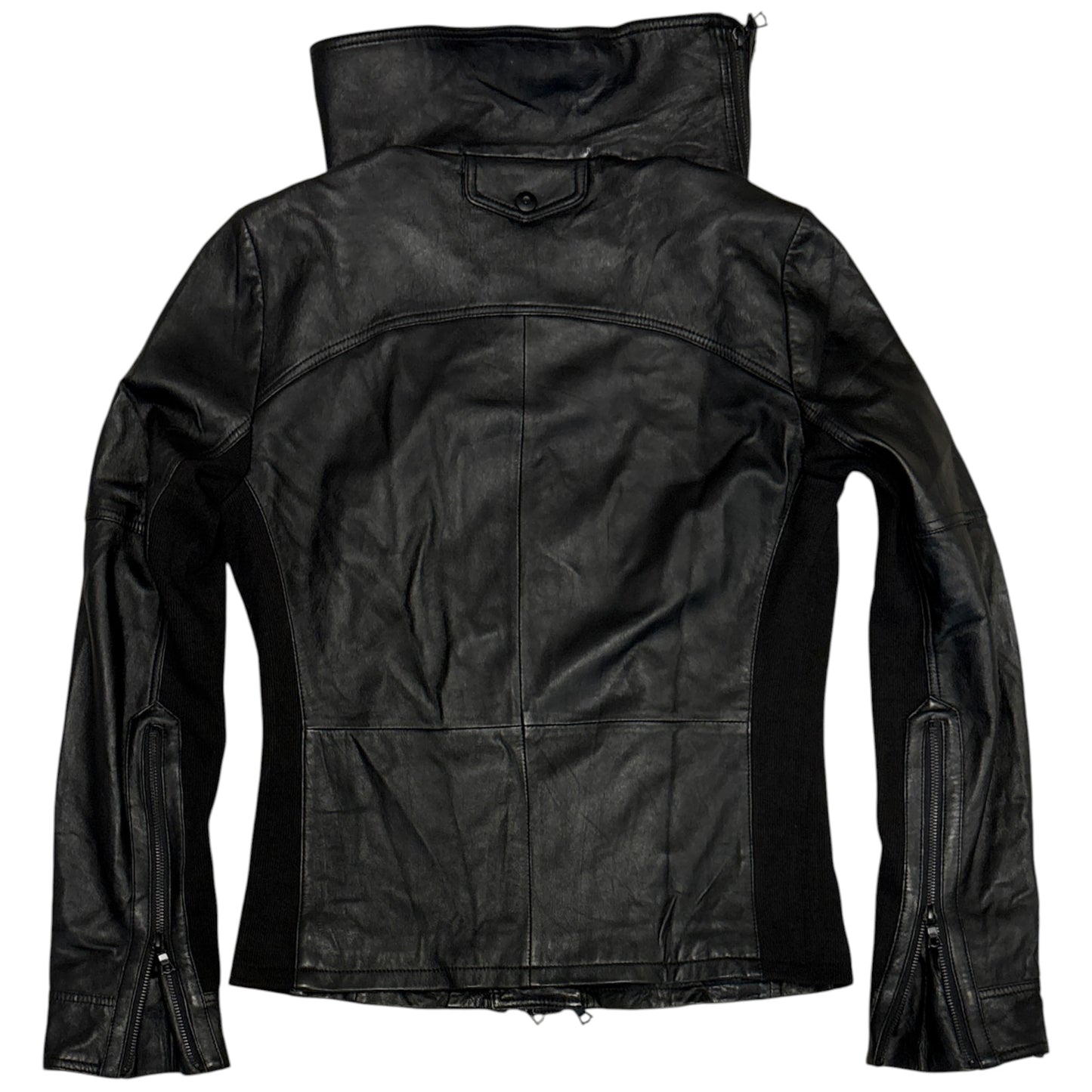 No ID 11AW asymmetric lambskin leather jacket w cotton ribbing & high neck, RRP £500