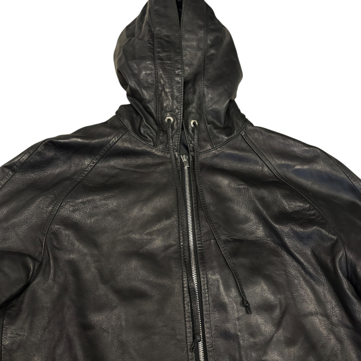 Abahouse black lambskin leather jacket w/ raccoon fur boa lined hood