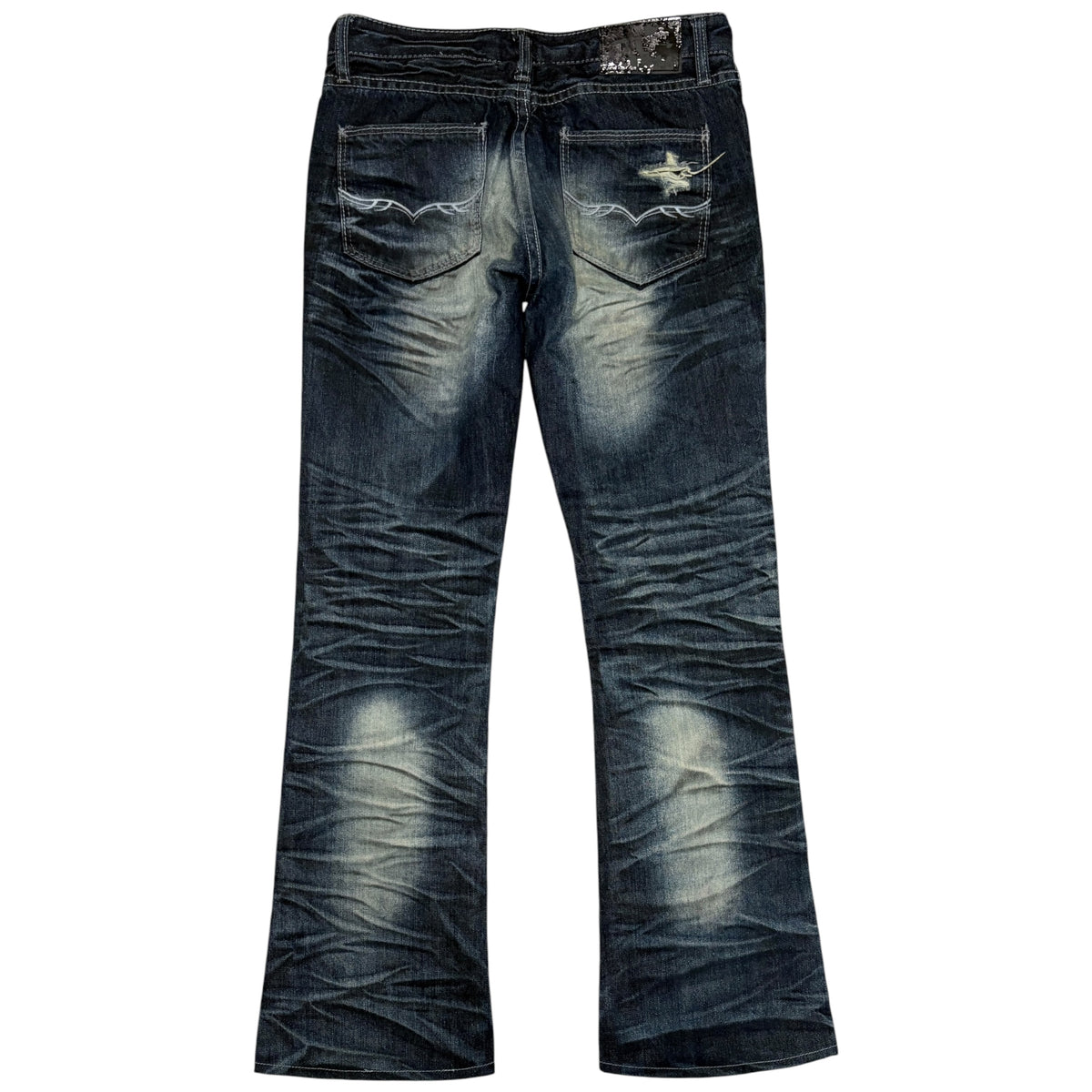 Fuga claw mark navy fade wash whiskered bootcut denim jeans