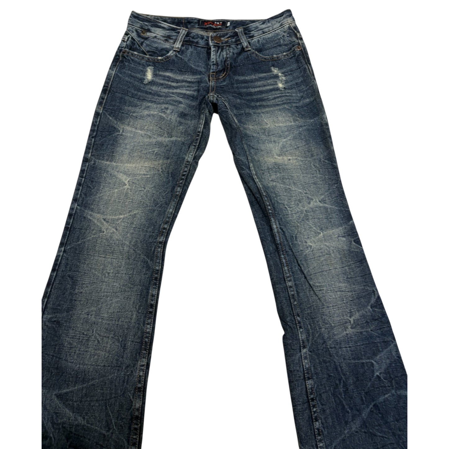Japanese brand blue whiskered streaked bootcut denim jeans