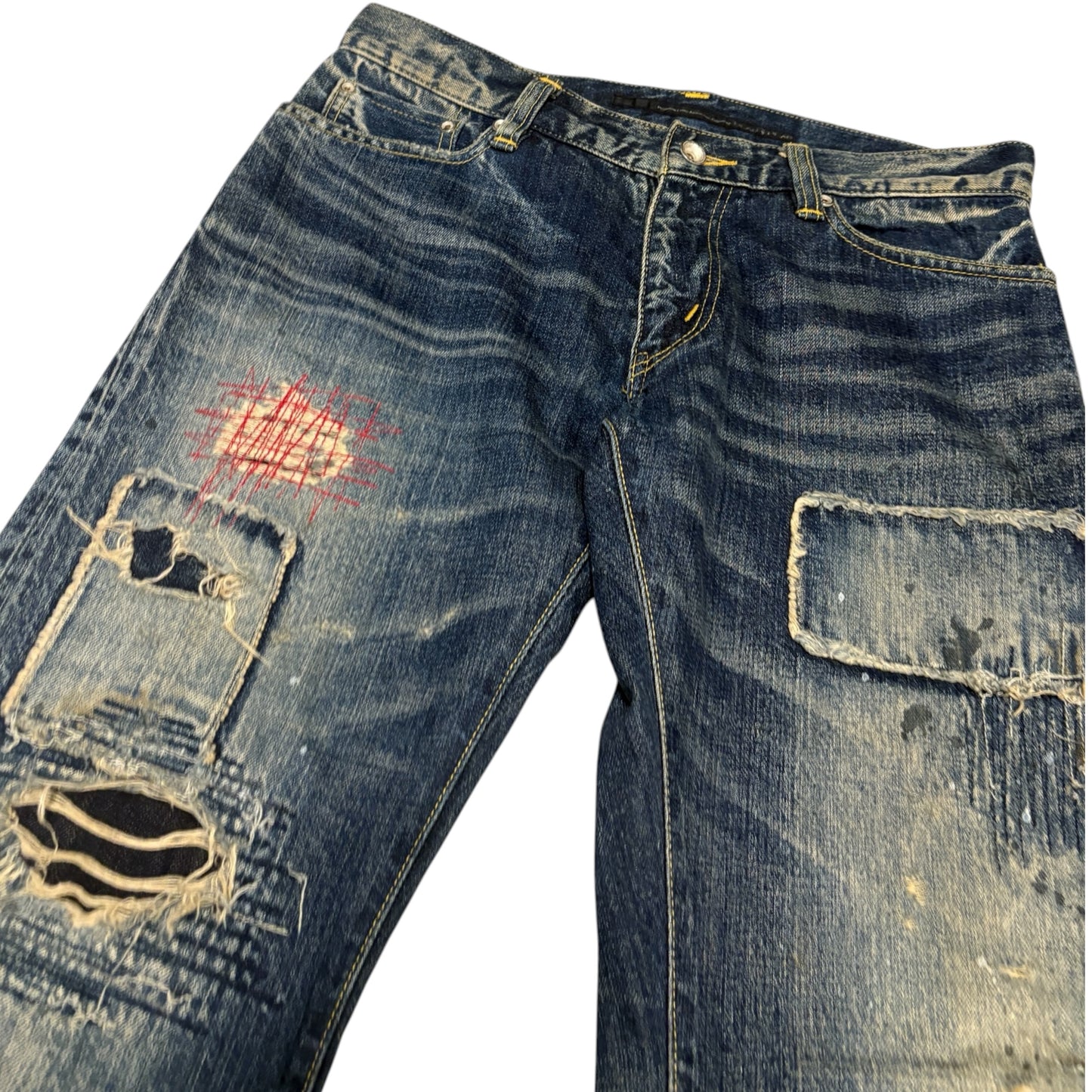 Japanese brand Plag distressed patchwork denim jeans