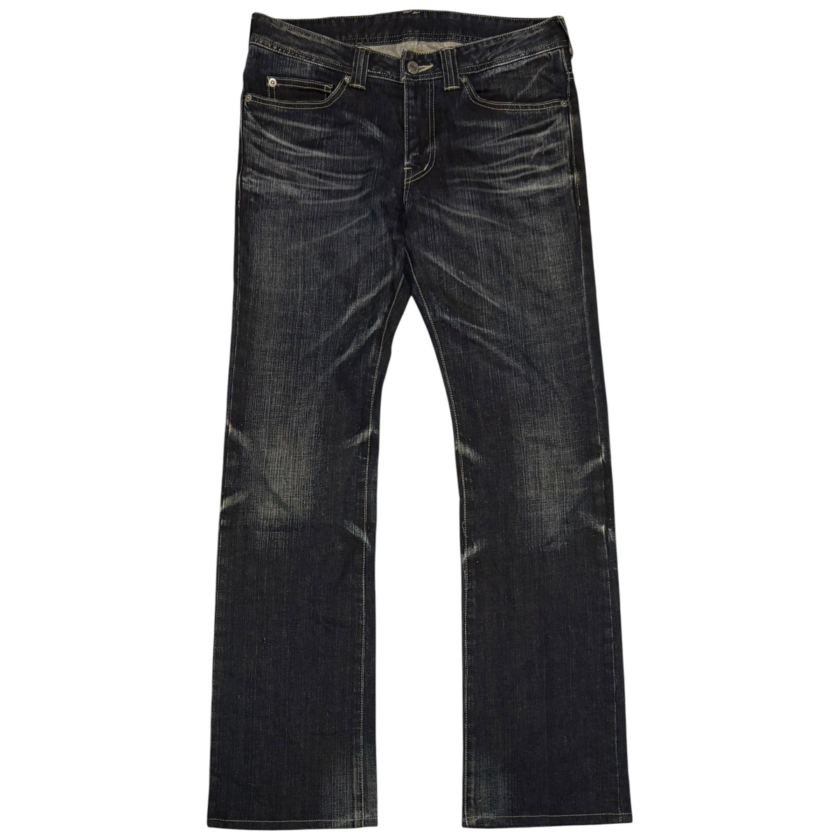 Japanese brand navy whiskered straight leg streaked denim jeans
