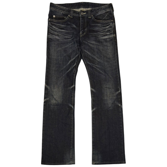 Japanese brand navy whiskered straight leg streaked denim jeans