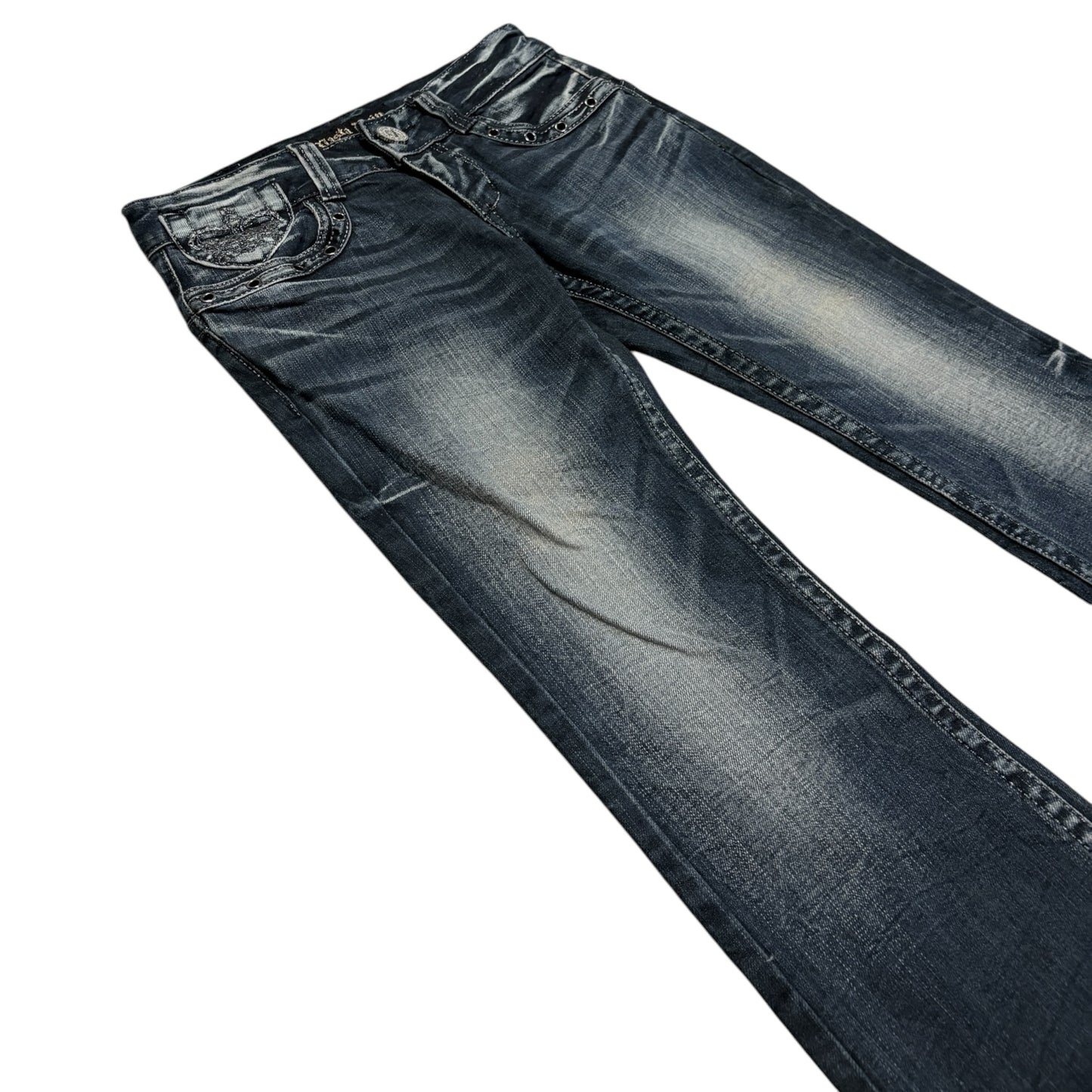 Japanese brand blue fade wash bootcut denim jeans