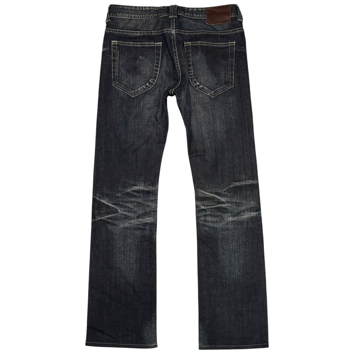 Japanese brand navy whiskered straight leg streaked denim jeans