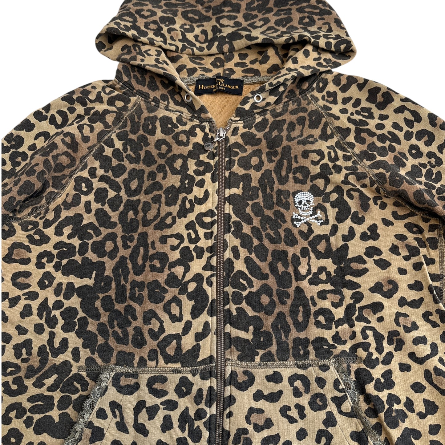 Hysteric Glamour leopard print rhinestone skull zip hoodie