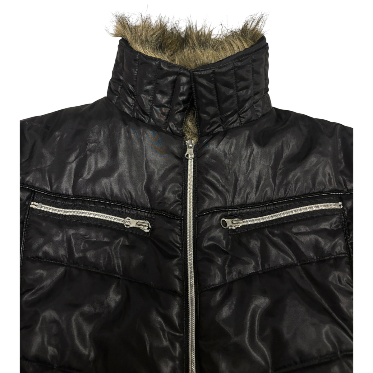 Japanese brand black faux fur 2-way collared puffer jacket