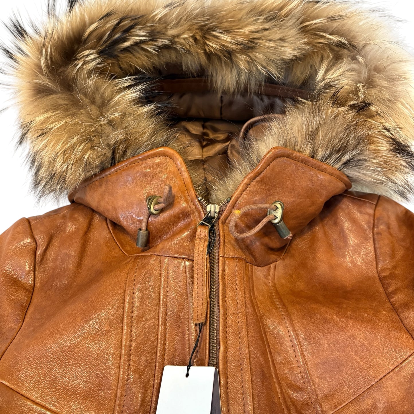 Goa tan lambskin leather flight jacket w raccoon fur hood