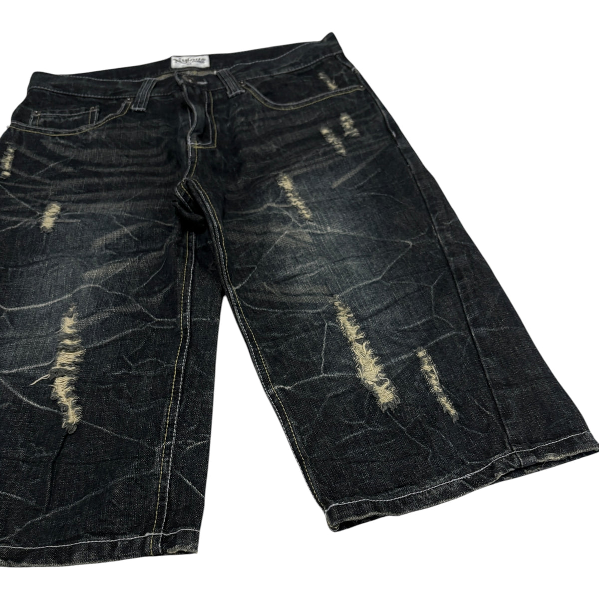 Japanese brand distressed navy blue denim jorts