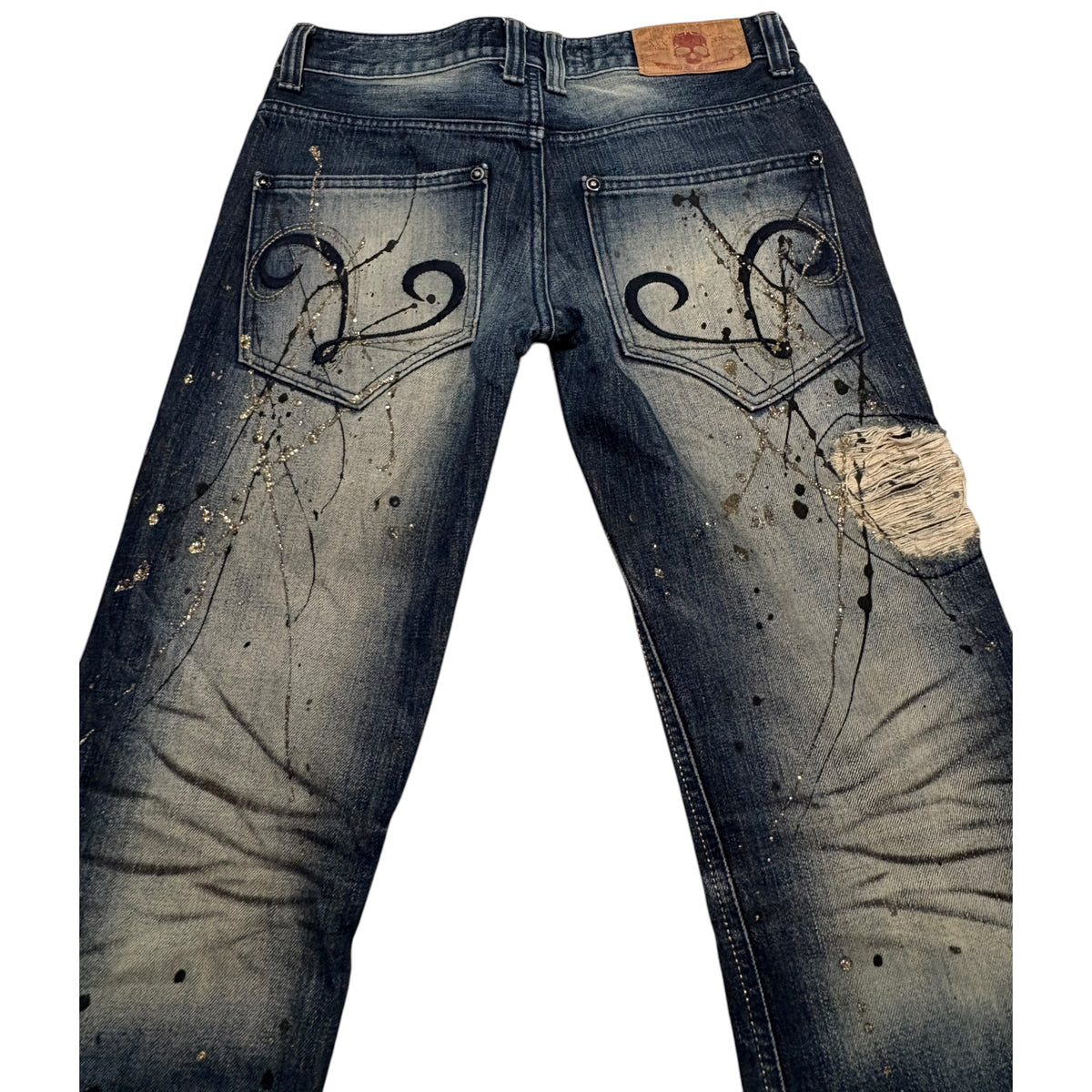 Lagust blue distressed painted bootcut jeans