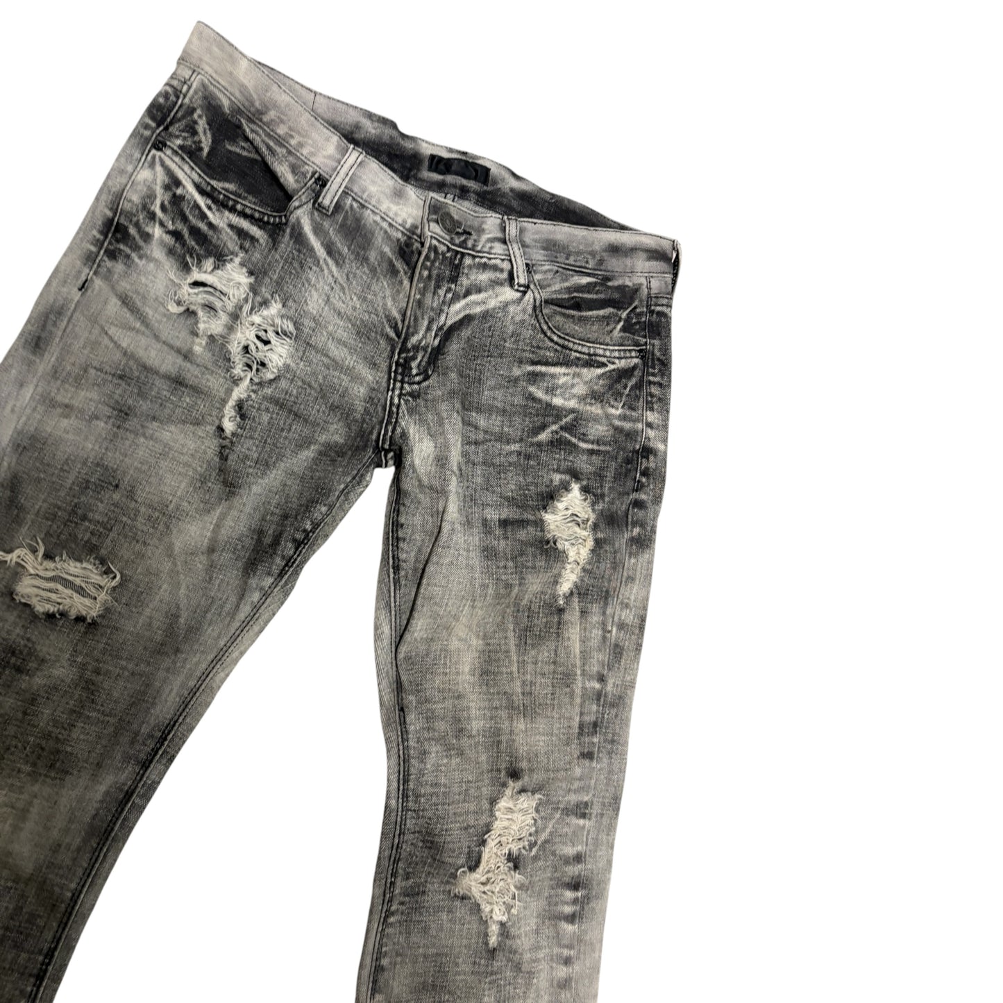Black Baccara distressed grey face wash bootcut jeans