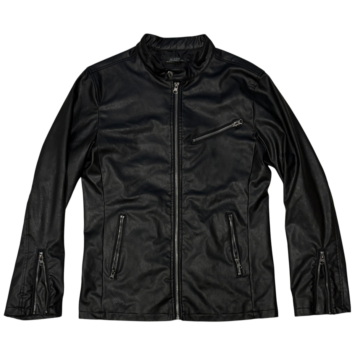 Japanese brand black collarlesss faux leather single riders jacket