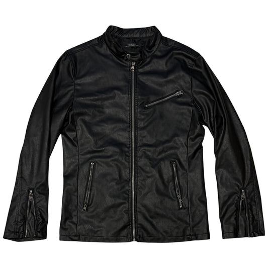 Japanese brand black collarlesss faux leather single riders jacket