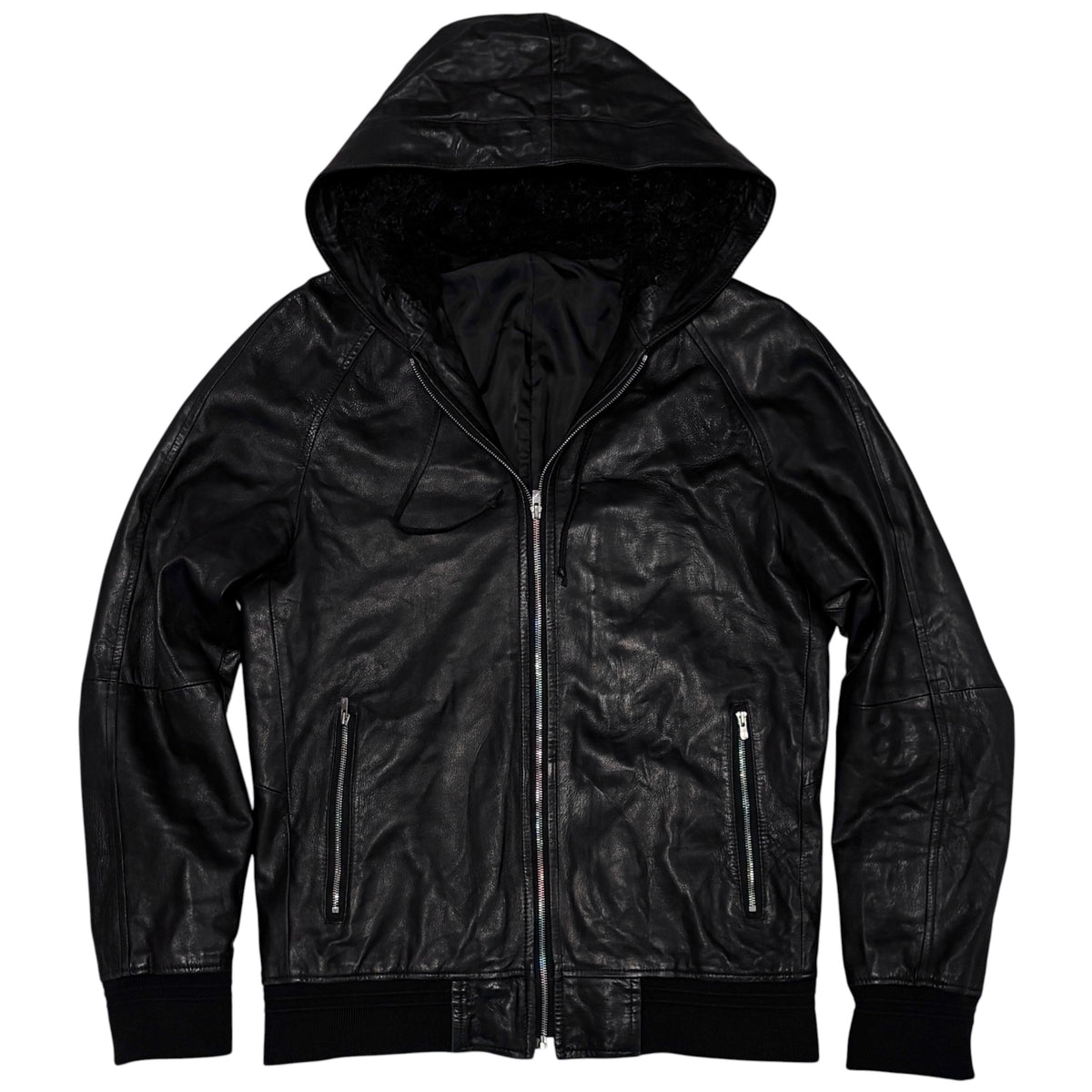 Abahouse black lambskin leather jacket w/ raccoon fur boa lined hood