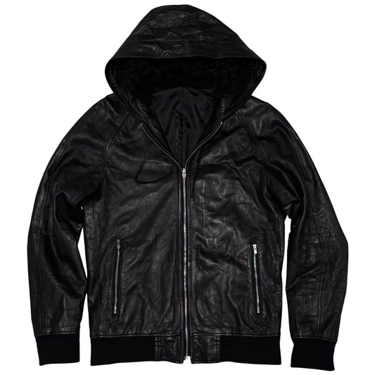 Abahouse black lambskin leather jacket w/ raccoon fur boa lined hood