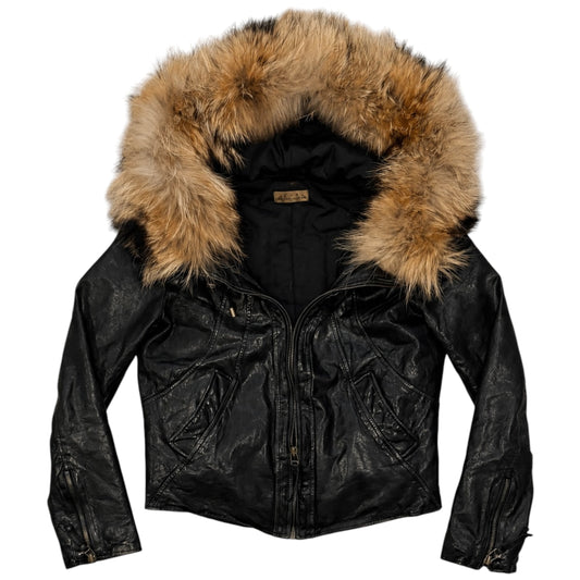 Goa black lambskin leather flight jacket w/ raccoon fur hood