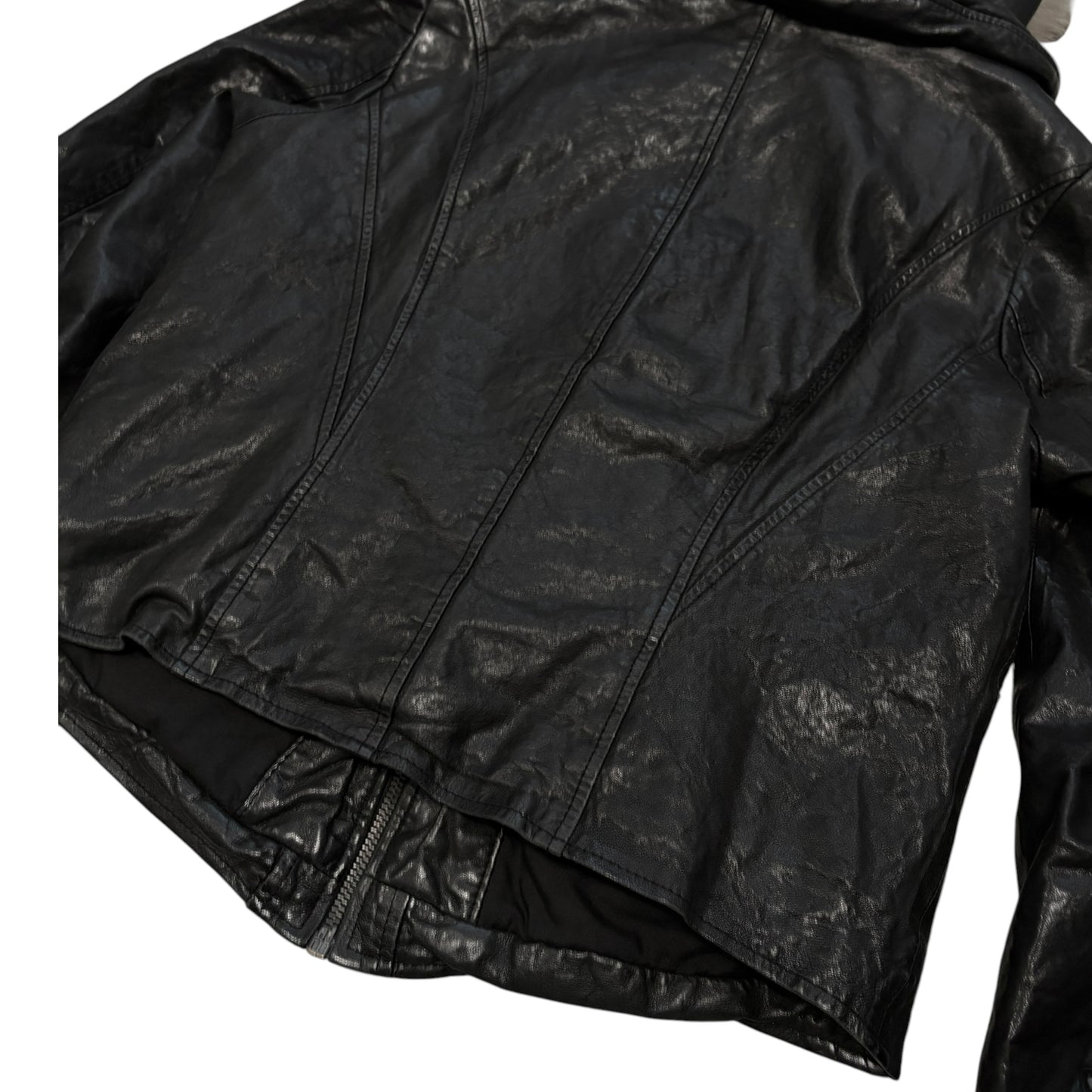 Goa black lambskin leather flight jacket w/ raccoon fur hood