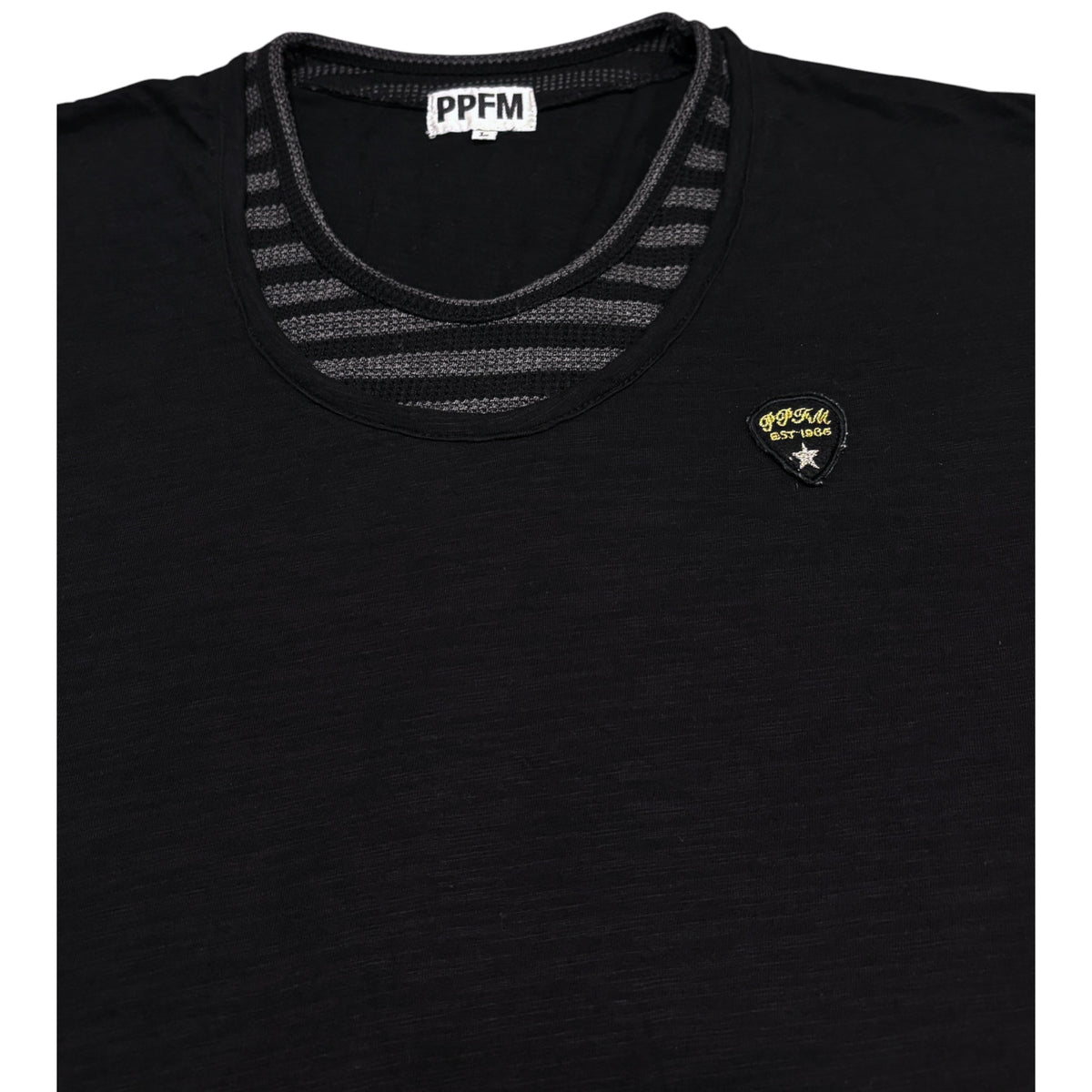 PPFM black layered striped black T-shirt w/ embroided badge