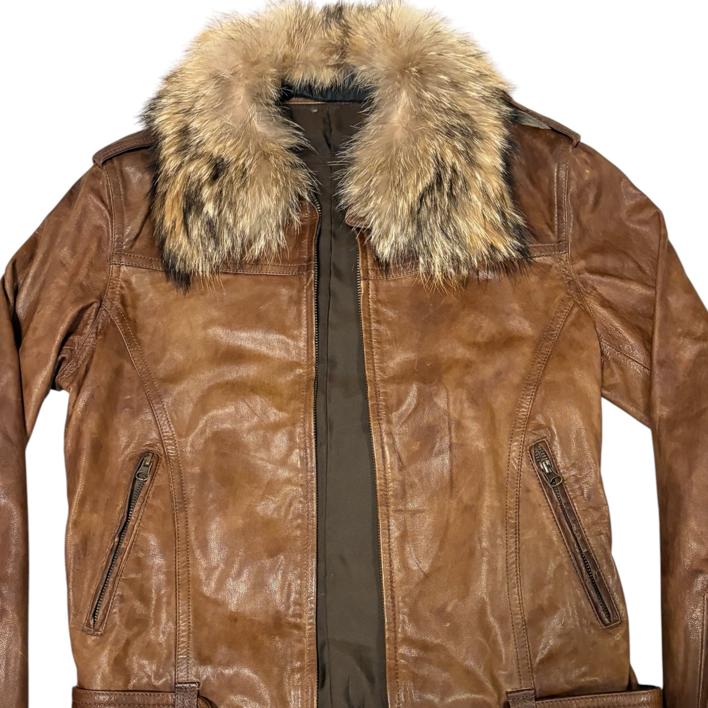 Tete Homme brown goat leather jacket w zips & removable belt & raccoon fur collar