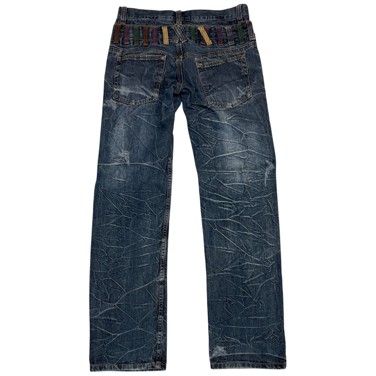 Japanese brand double waist honeycomb wash streaked denim jeans w/ multicolour belt loops