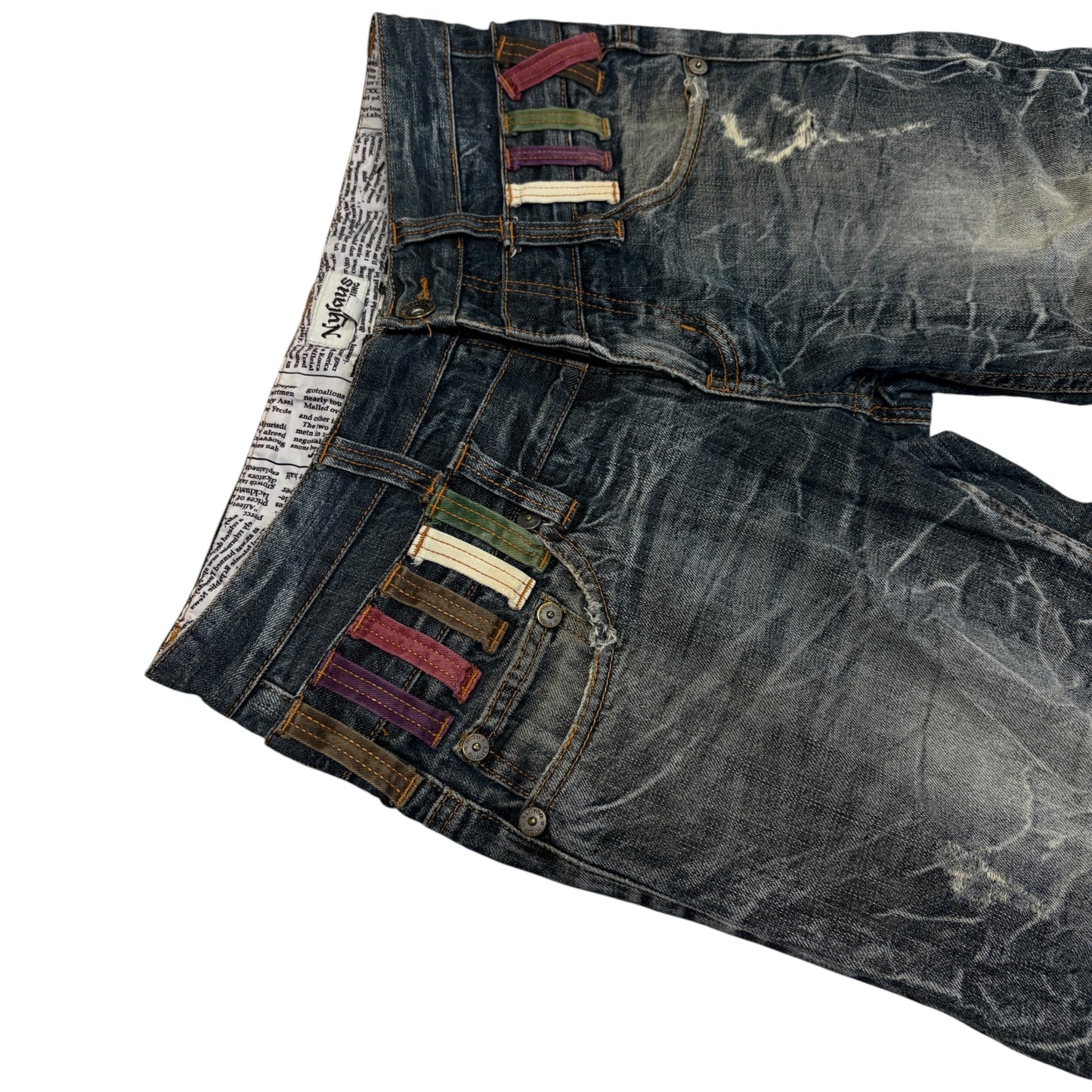 Japanese brand double waisted distressed whiskered denim jorts w/ multicolour belt loops