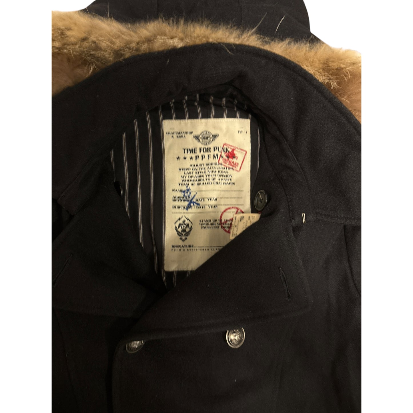 PPFM double breasted napoleon pea coat w/ raccoon fur trim
