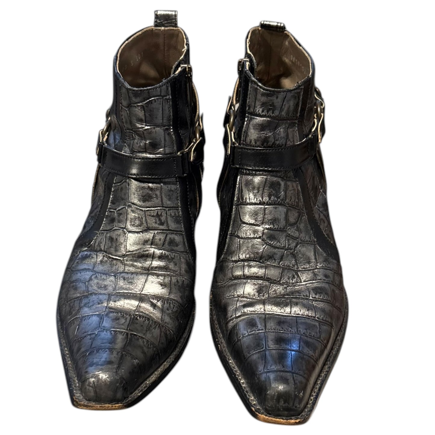 Tornado Mart crocodile print harness buckle leather dress heeled boots