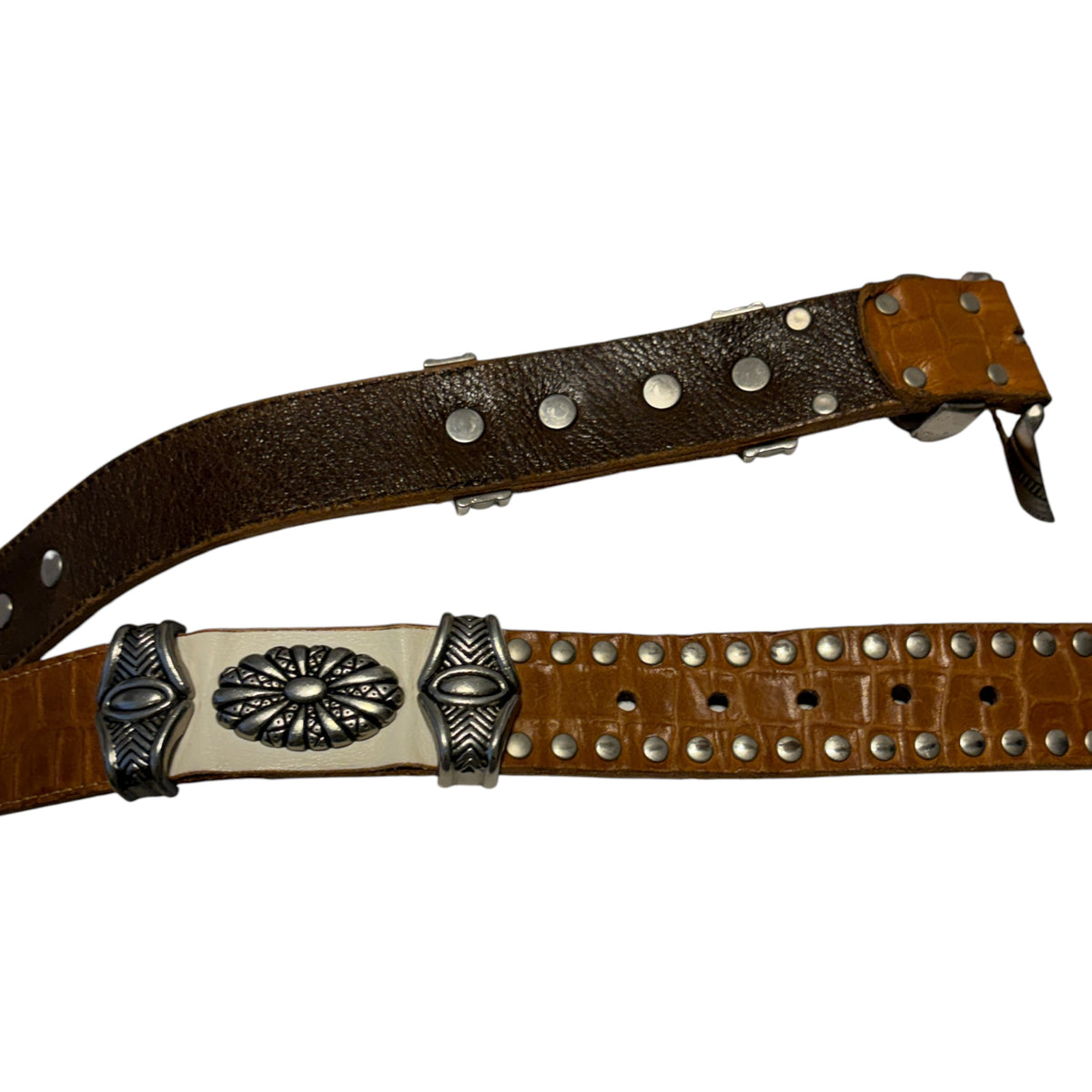Tornado Mart brown embossed  leather belt w/ metal engraving and white leather detailing