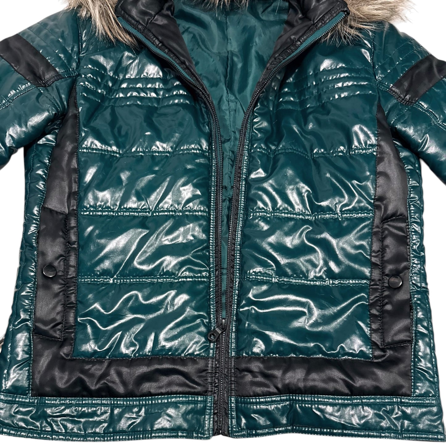 Semantic Design green turquoise lightweight puffer jacket with faux fur hood/trim