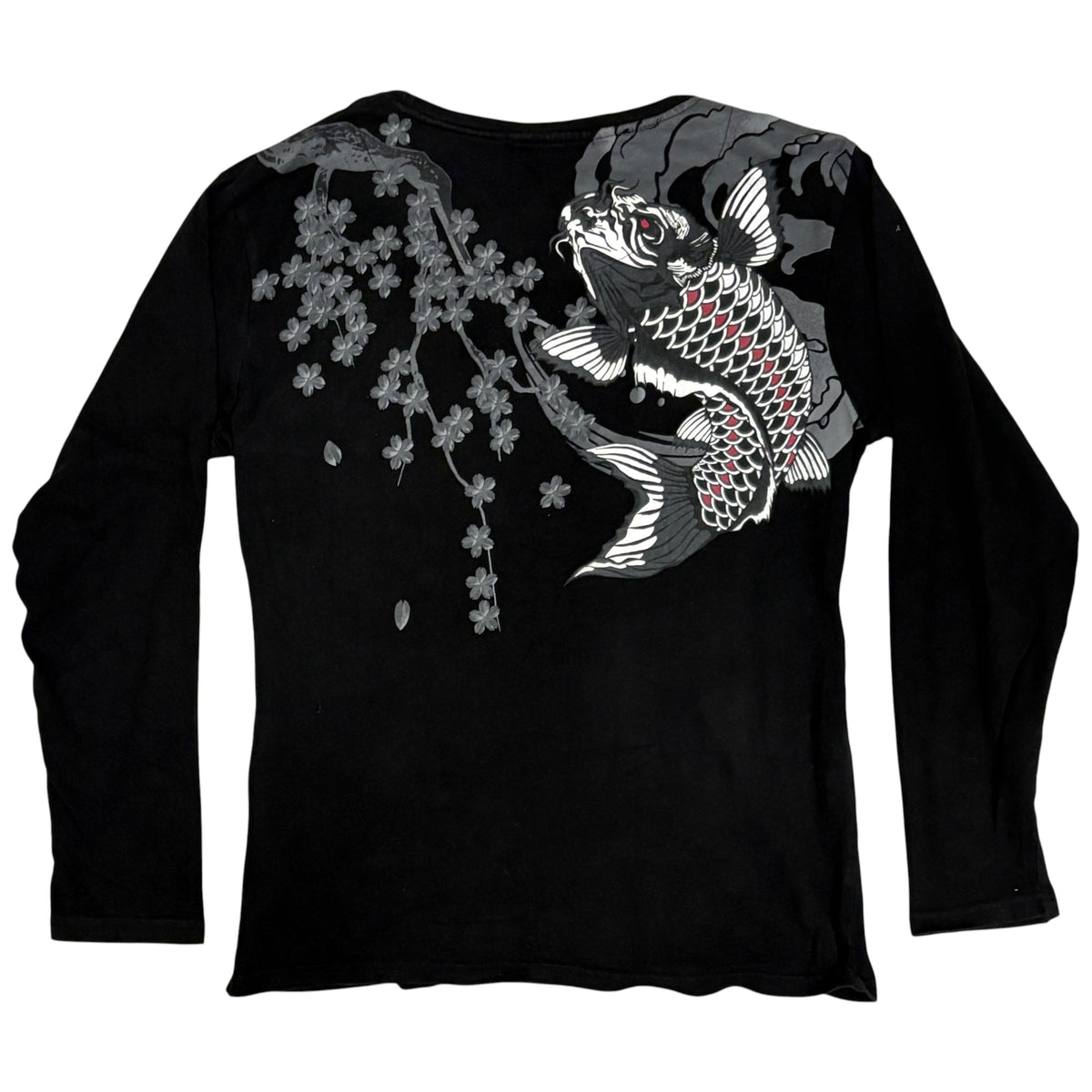 Japanese brand black koi print longsleeve T-shirt