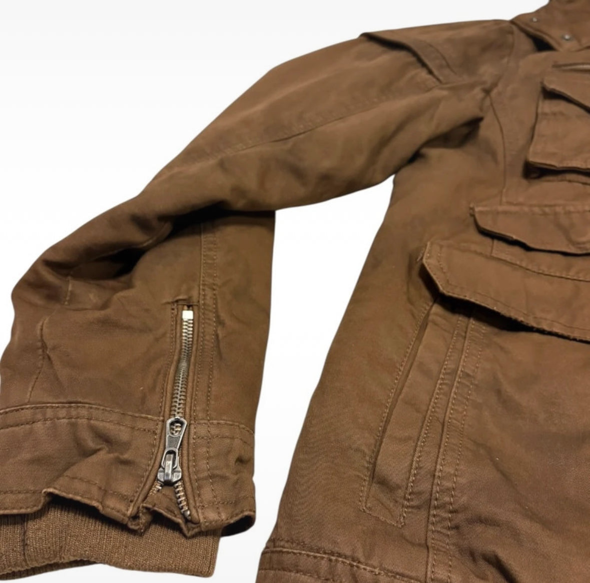 In The Attic brown fur hood brown tactical utility jacket