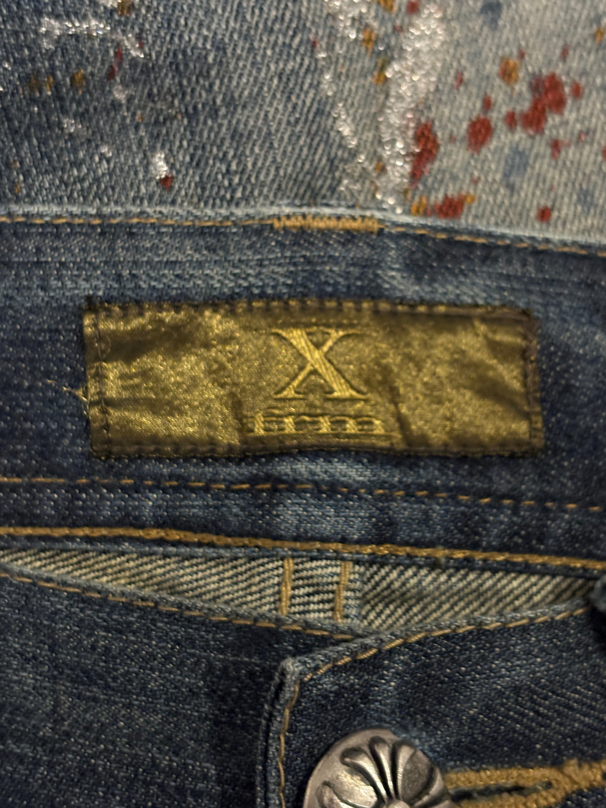 Xfrm blue distressed bootcut denim painted shine effect jeans