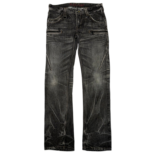 Japanese brand black zip whispered fade wash grey denim jeans