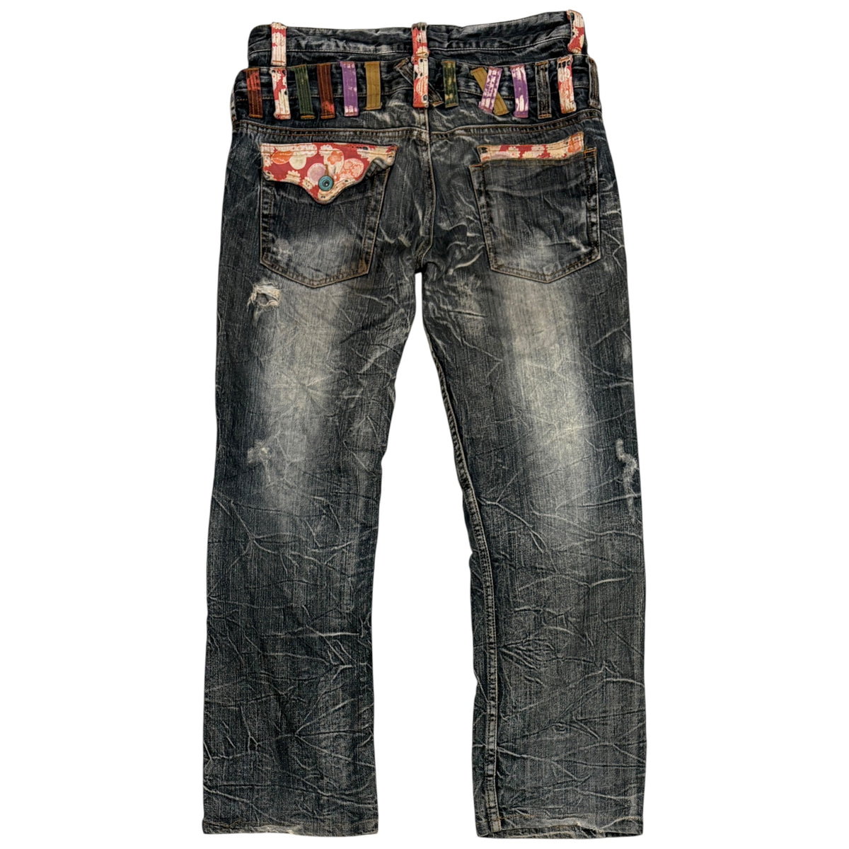 Japanese brand blue grey double waisted cherry blossom floral design belt loops denim jeans