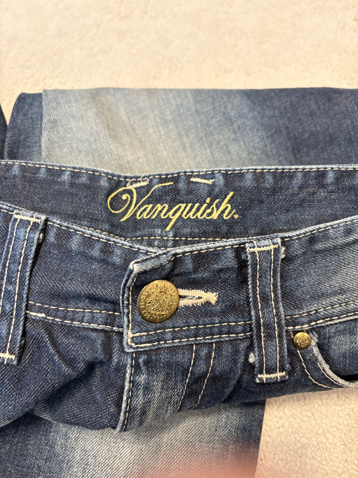 Japanese brand blue whiskered gradient wash bootcut denim jeans