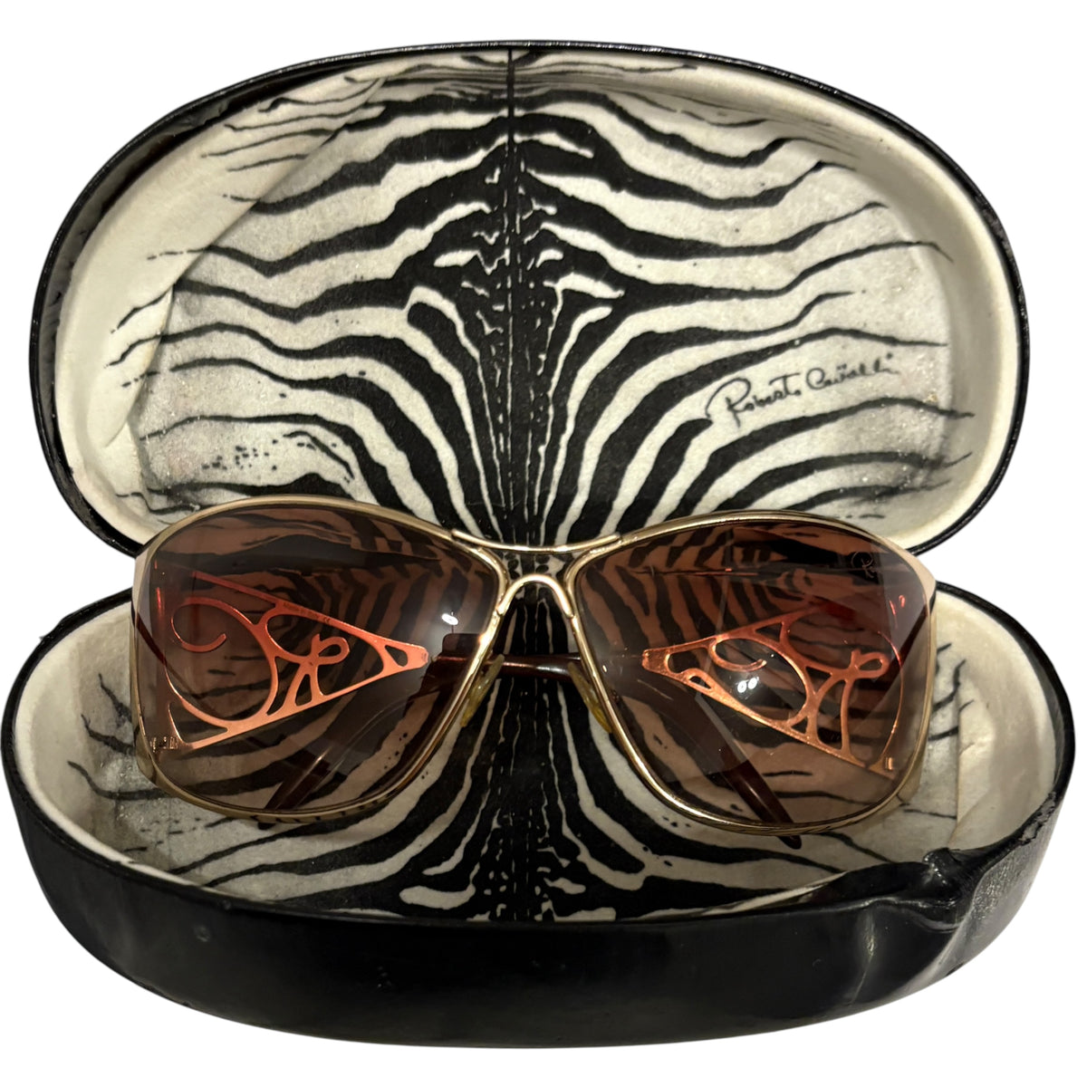 Roberto Cavalli gold tone metal frame amber tint sunglasses