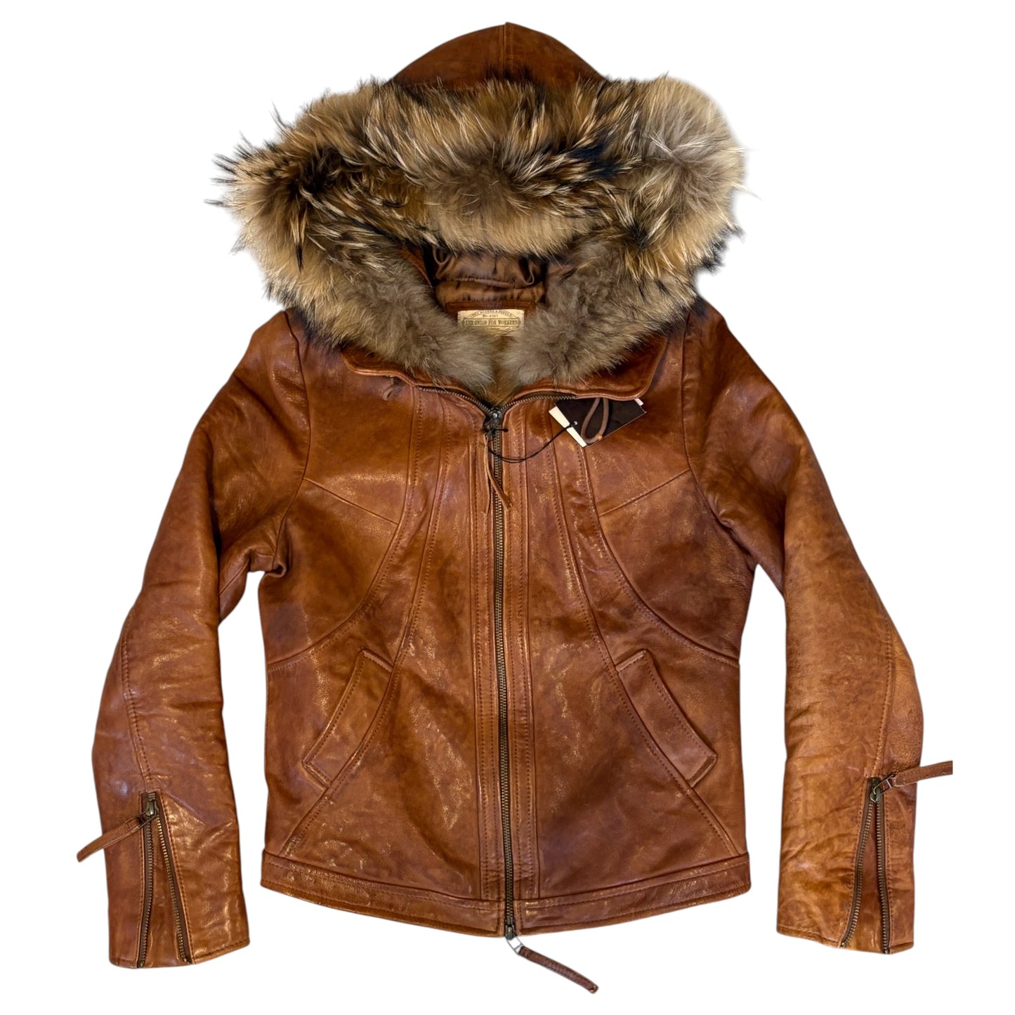 Goa tan lambskin leather flight jacket w raccoon fur hood