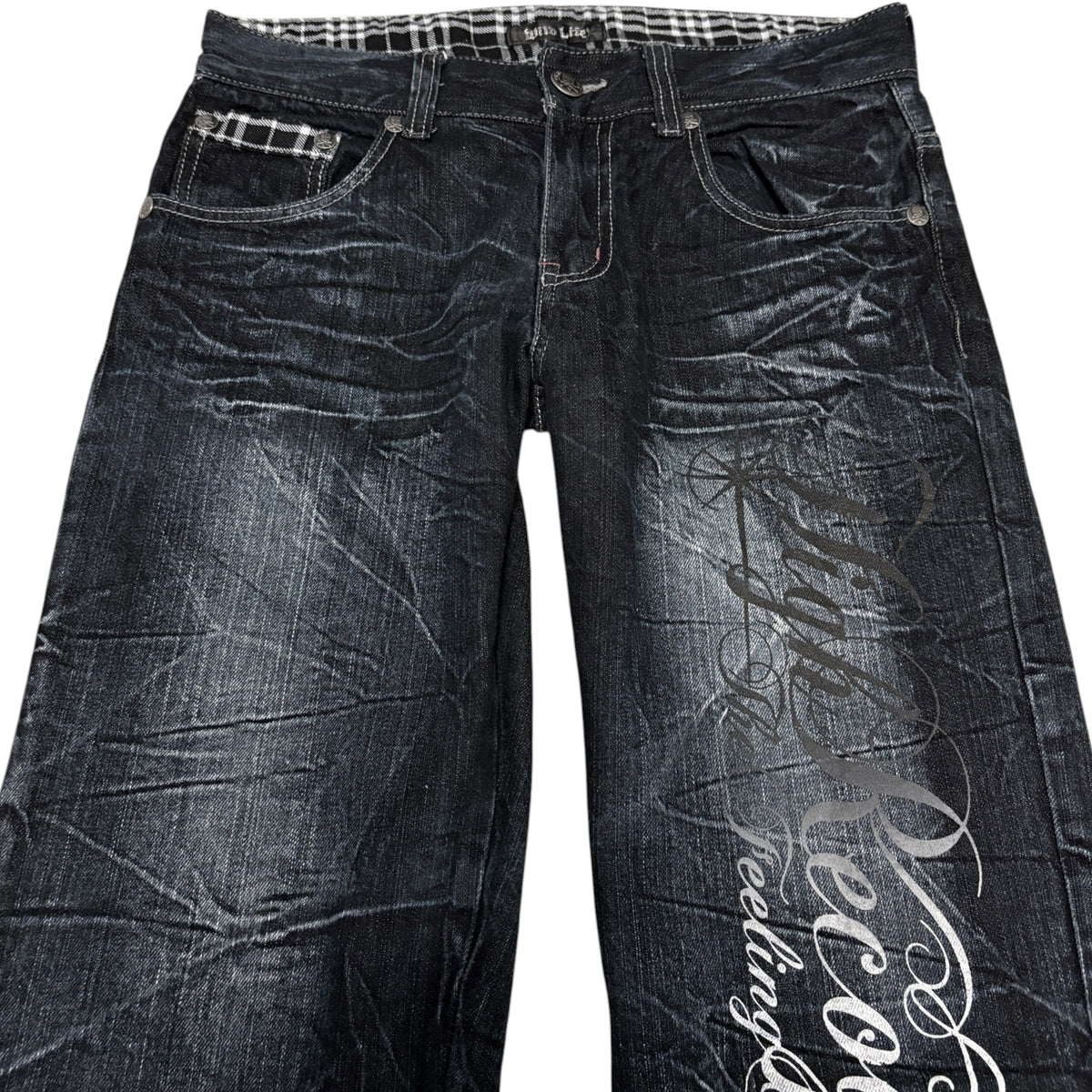 Japanese brand navy honeycomb wash straight leg jeans w/ tartan check detailing