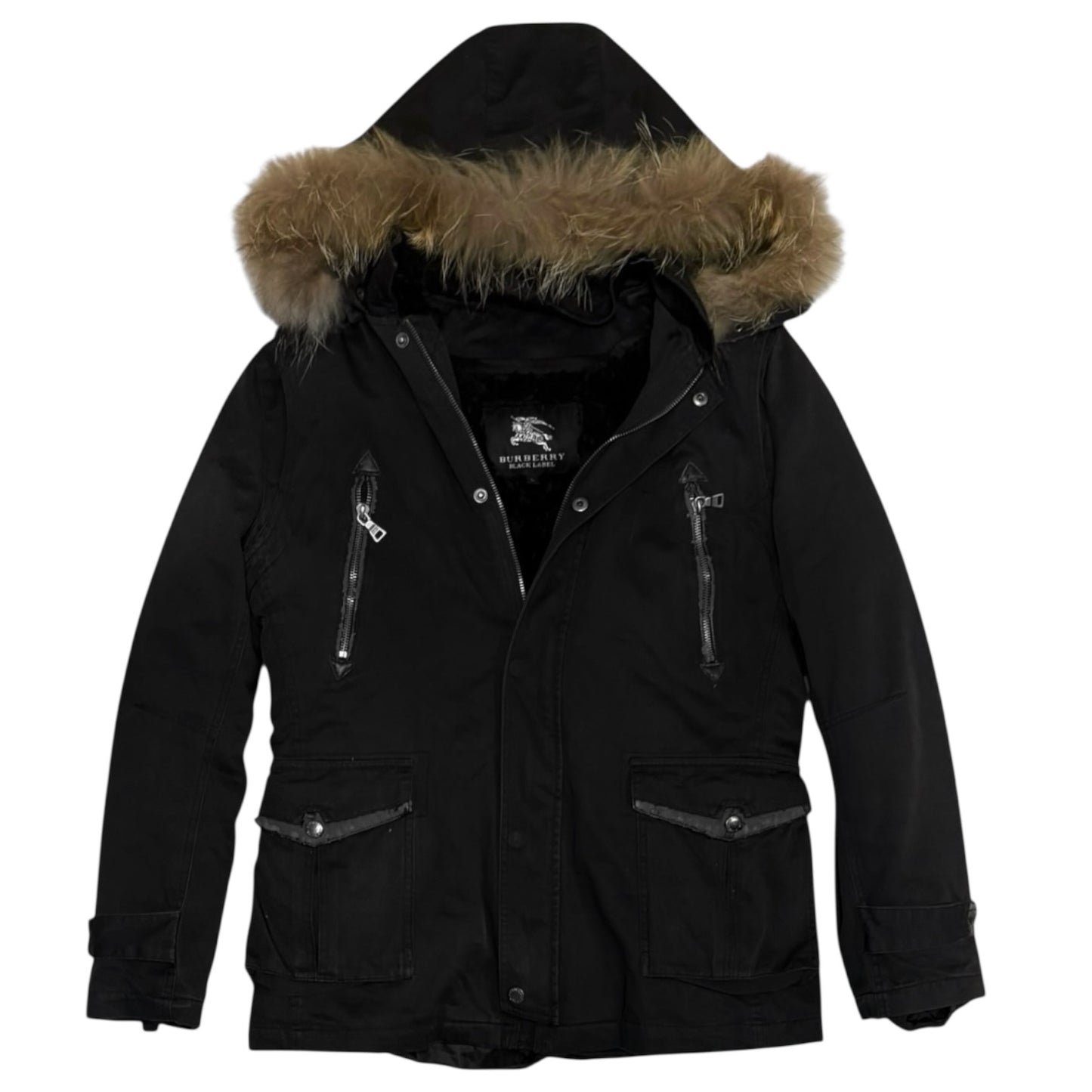 Burberry Black Label black fur hood trim mod coat parka jacket w boa fur lining