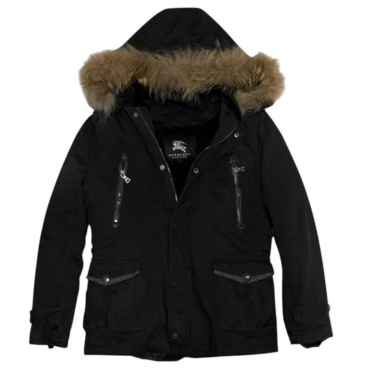 Burberry Black Label black fur hood trim mod coat parka jacket w boa fur lining