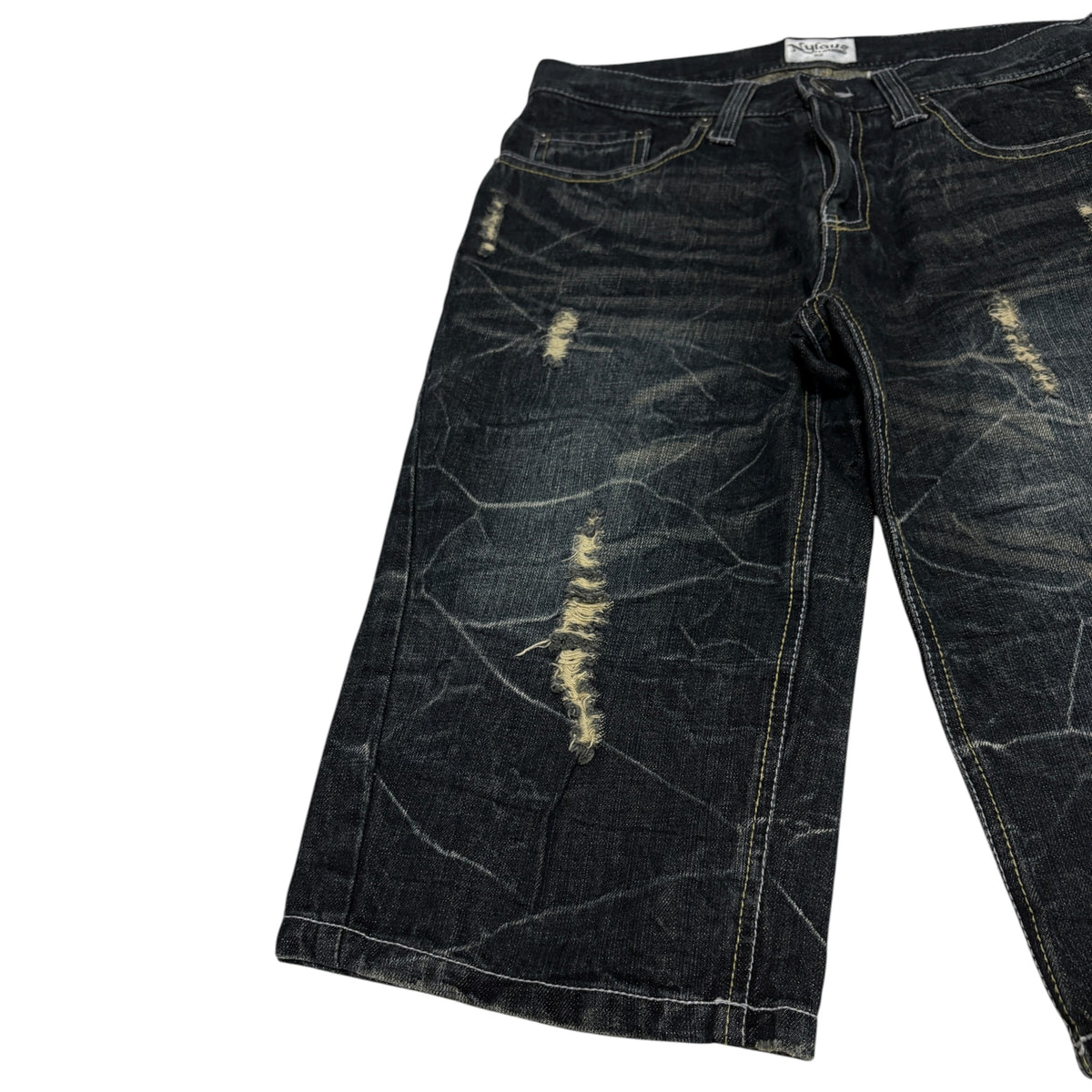 Japanese brand distressed navy blue denim jorts