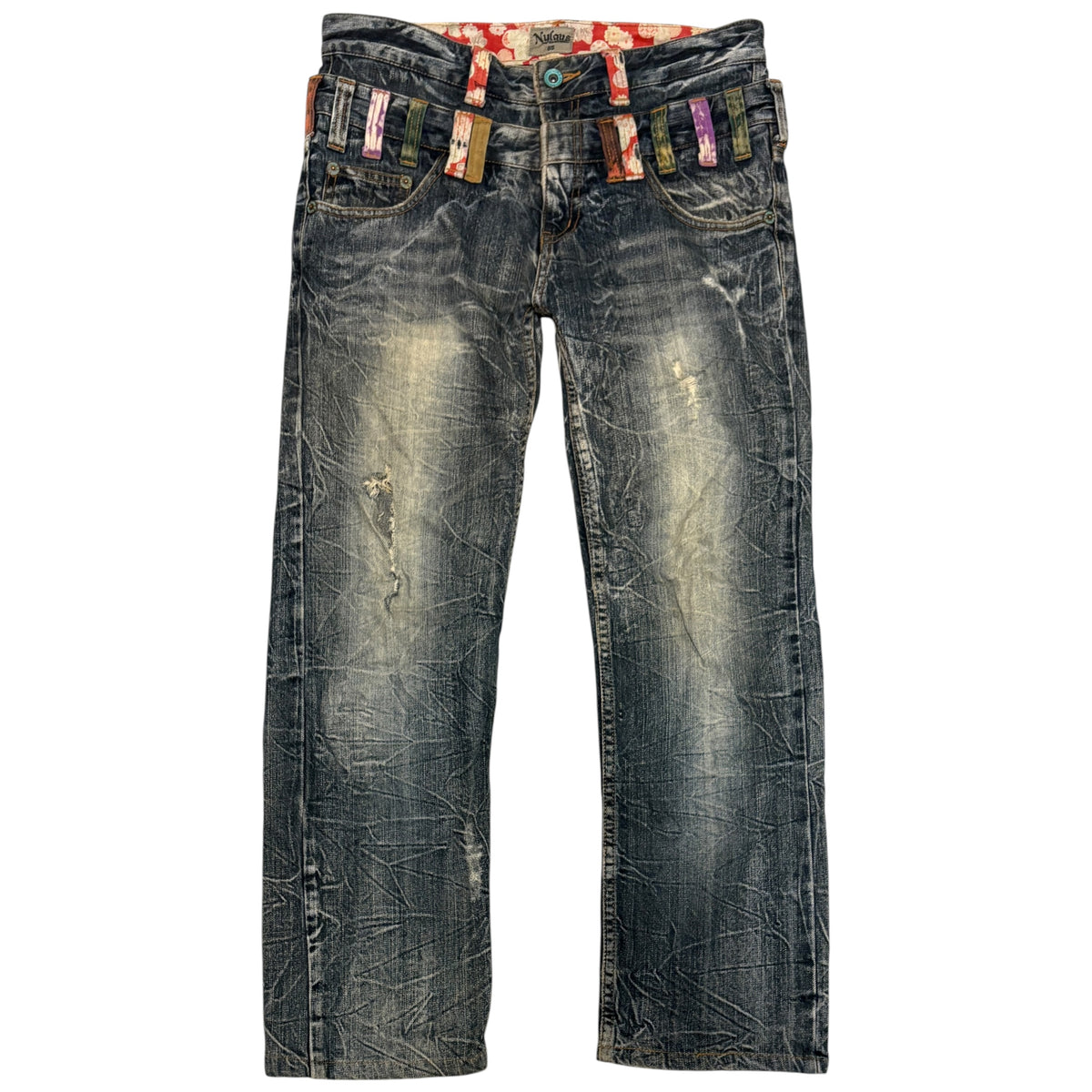 Japanese brand blue grey double waisted cherry blossom floral design belt loops denim jeans
