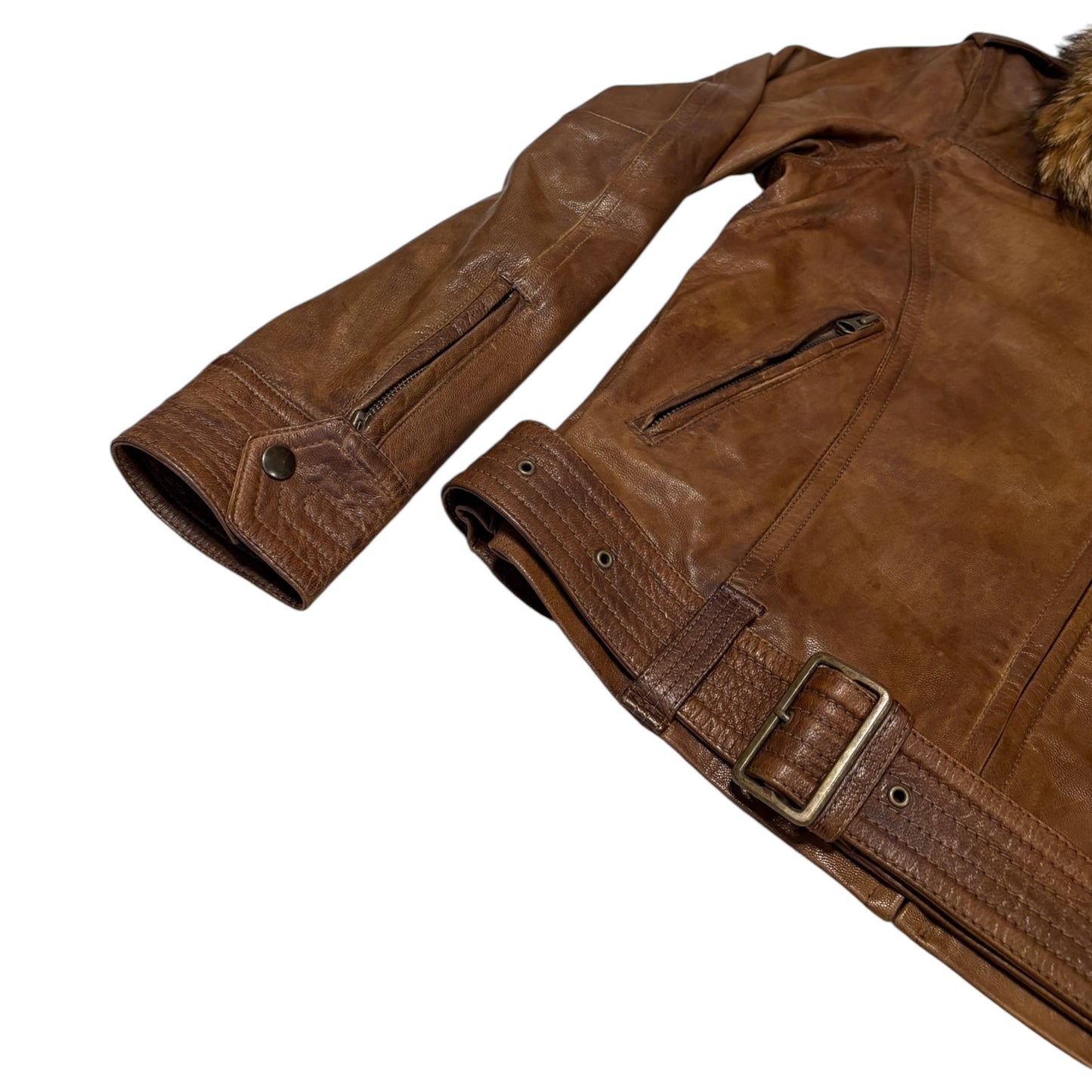 Tete Homme brown goat leather jacket w zips & removable belt & raccoon fur collar