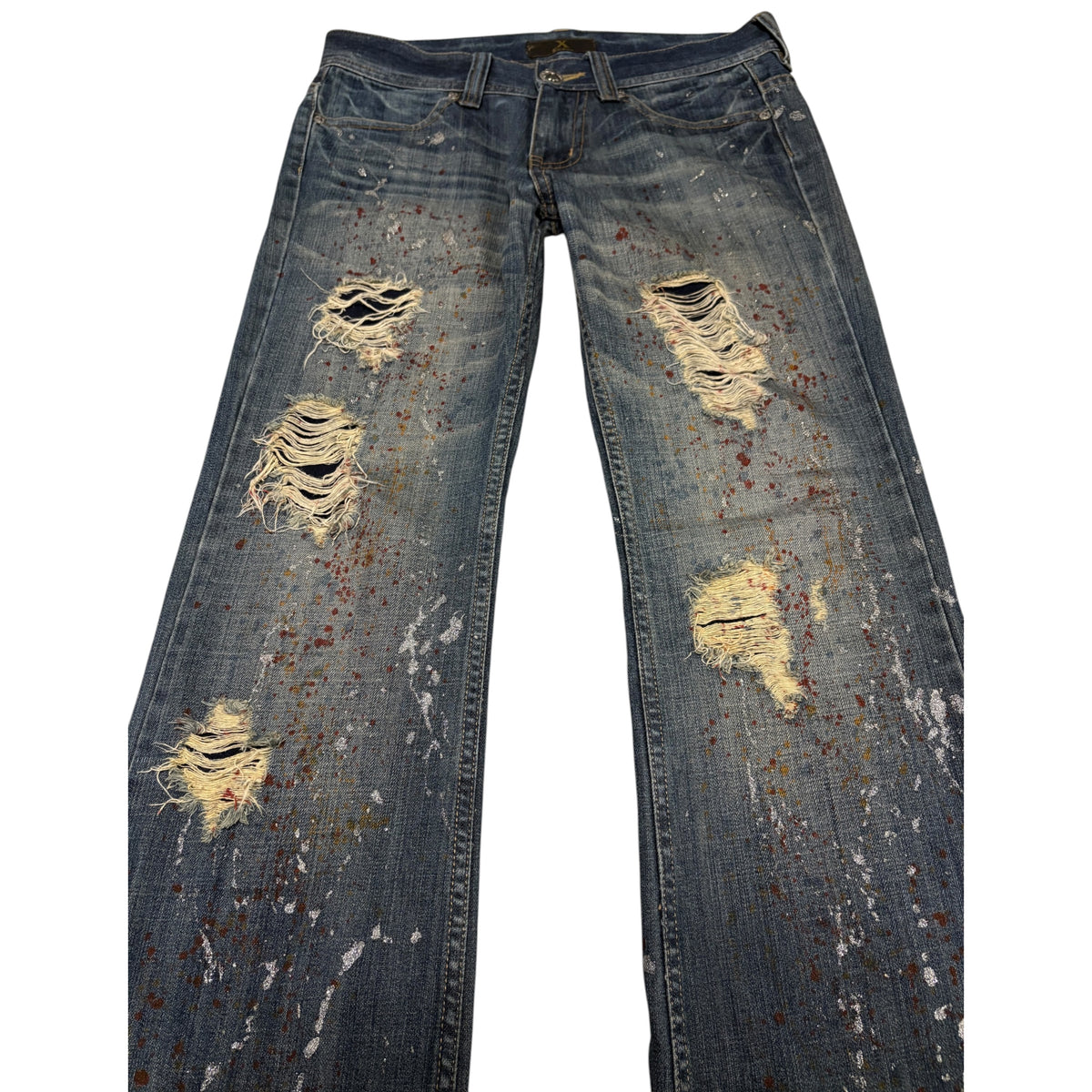 Xfrm blue distressed bootcut denim painted shine effect jeans