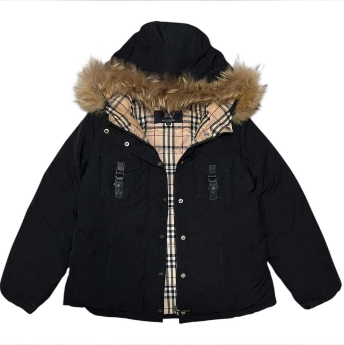Burberry quilted utility pocket raccoon fur hood down puffer jacket