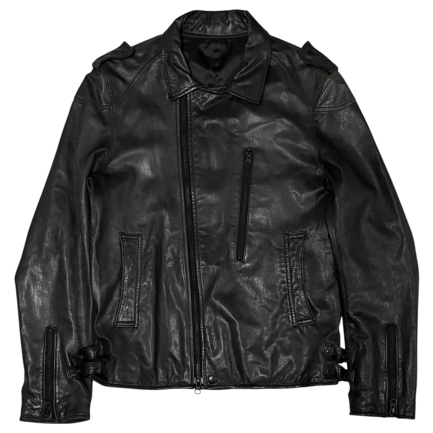 PPFM asymmetric lightweight aged lambskin leather jacket w multizip detailing