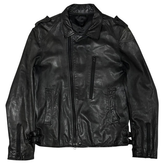 PPFM asymmetric lightweight aged lambskin leather jacket w multizip detailing
