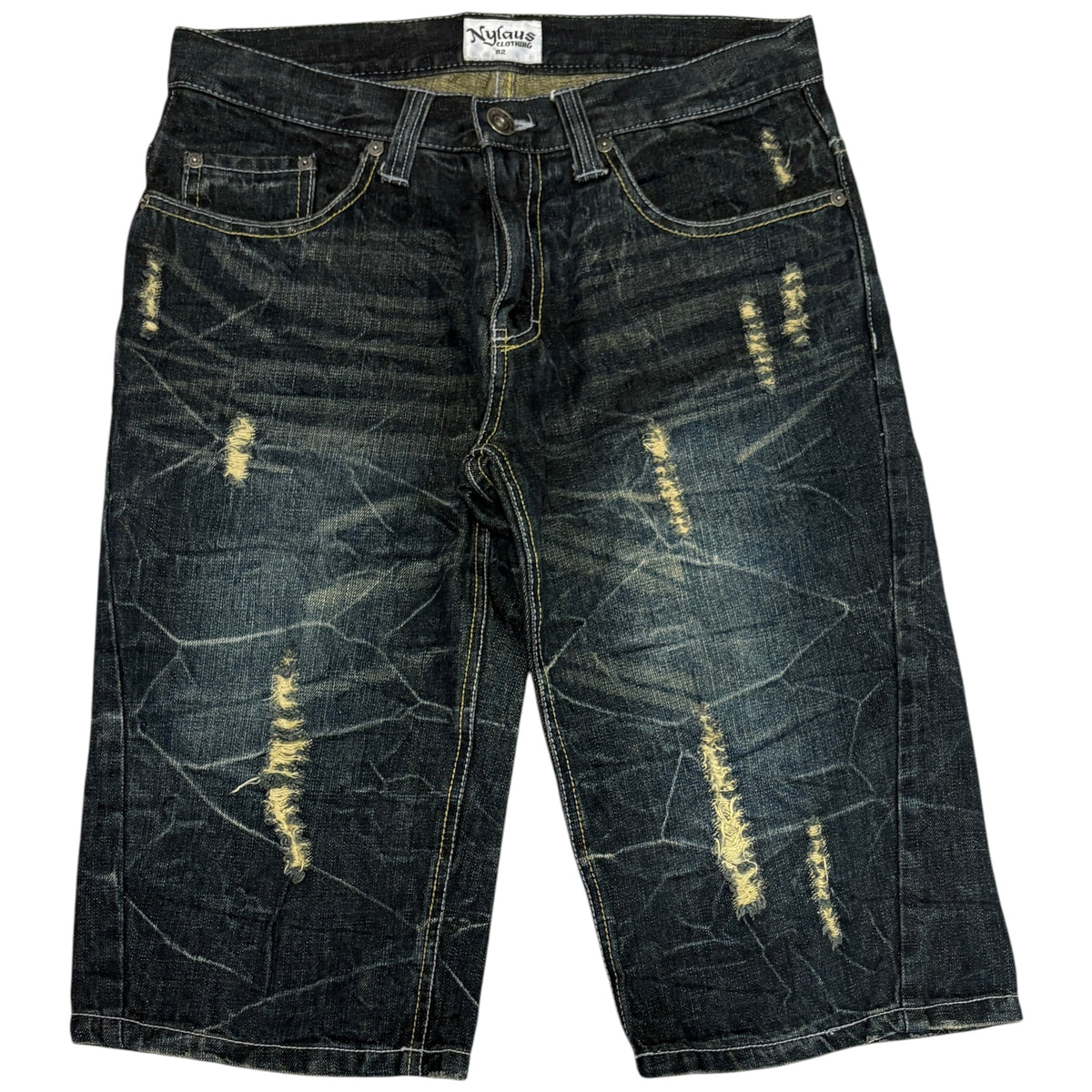 Japanese brand distressed navy blue denim jorts